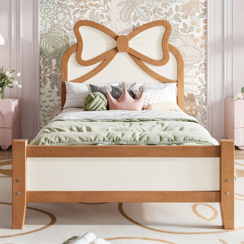 Lit plateforme simple en bois avec tête de lit, pied de lit et lattes, Naturel beige