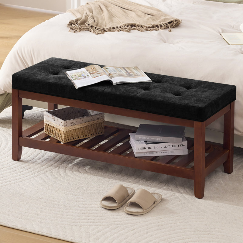 Banc de rangement capitonné de style ferme de 112 cm (44 po), banc d'entrée en bois massif, Black