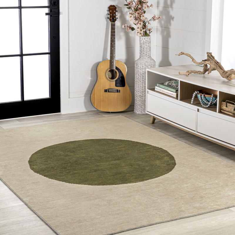 Ameah Minimalist Geometric Dot Machine-Washable Cream/Green Rug, Rectangle 8'10" x 12'
