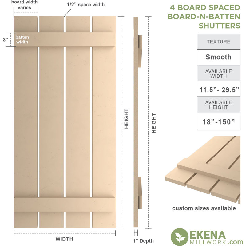 Volets rustiques en faux bois à quatre planches espacées (par paire), Texture lisse / brun clair apprêté, 23"