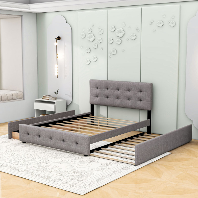 Grand lit plateforme tapissier avec tête de lit capitonnée, lit simple TG et deux tiroirs, Gris clair