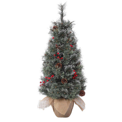 Mini arbre de Noël artificiel, arbre de Noël illuminé 3 pi avec base en toile de jute, 78 lumières DEL blanc chaud, petit arbre de Noël des Fêtes avec pommes de pin, grappes de baies rouges