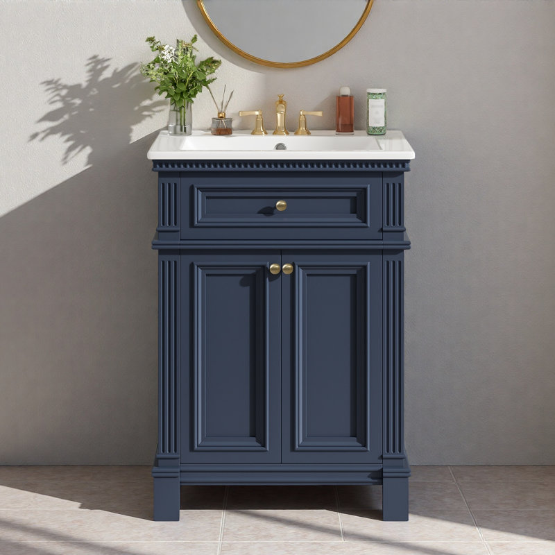 Armoire de salle de bain 24 po Vintage Elegance avec portes à fermeture douce et tablette réglable, meuble-lavabo avec lavabo en céramique