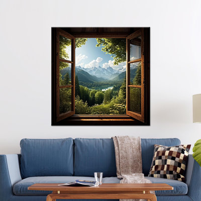 Printed Canvas: Mountain View Through Window Landscape Artwork,1P WhiteFramedCanvas