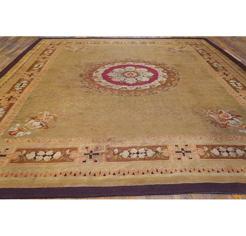 1820s Brown Antique French Empire Period Aubusson Carpet 11' x 12'10" Wool Rug