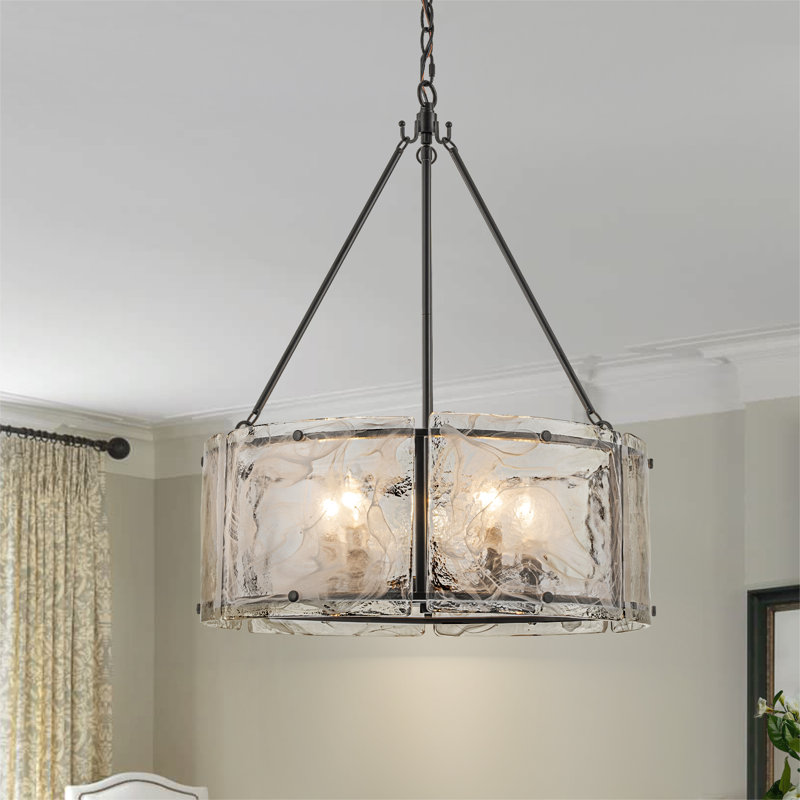 Lustre tambour 5 lumières à intensité variable avec verre brumeux Jairdan, Noir mat