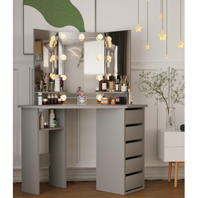 Deshawn Vanity Desk, Make Vanity Set with Touch Screen Dimming Mirror