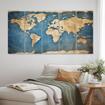 Ancienne carte du monde III - impression d'art mural - 5 panneaux égaux