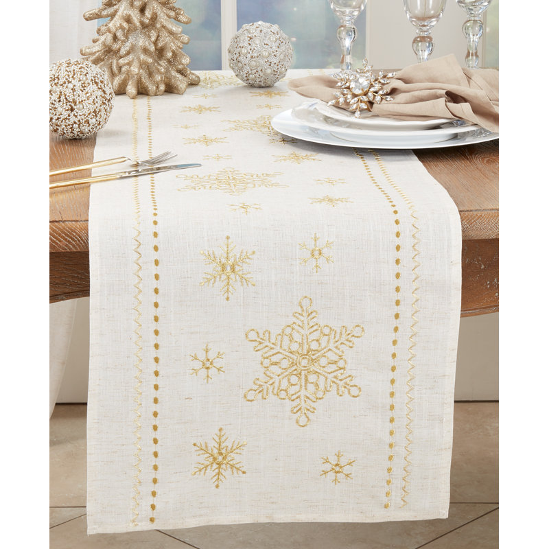 Natural Polyester Snowflake Embroidered Winter Table Runner