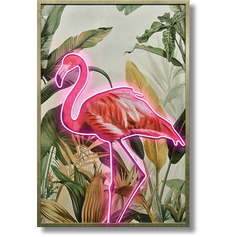 «Neon Flamingo Tropical», art mural sur toile néon - 33 po x 48 po - cadre doré champagne