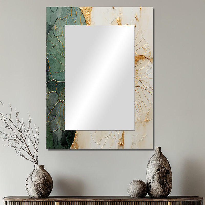 Green Gold Minimalism Poteries I - Abstract Spirals Mirror, Green Unique Wall Mirror, Printed Metal Art, 32" x 24"