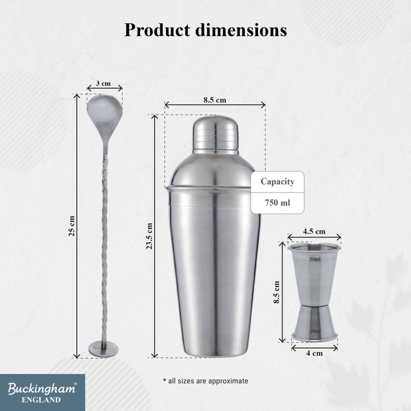 Buckingham 3 Pc Cocktail Shaker Set Stainless Steel Matt Finish