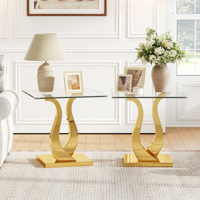 Ensemble de 2 tables de bout carrées en verre 23,62 po avec base en acier inoxydable poli double, table d'appoint moderne pour le salon