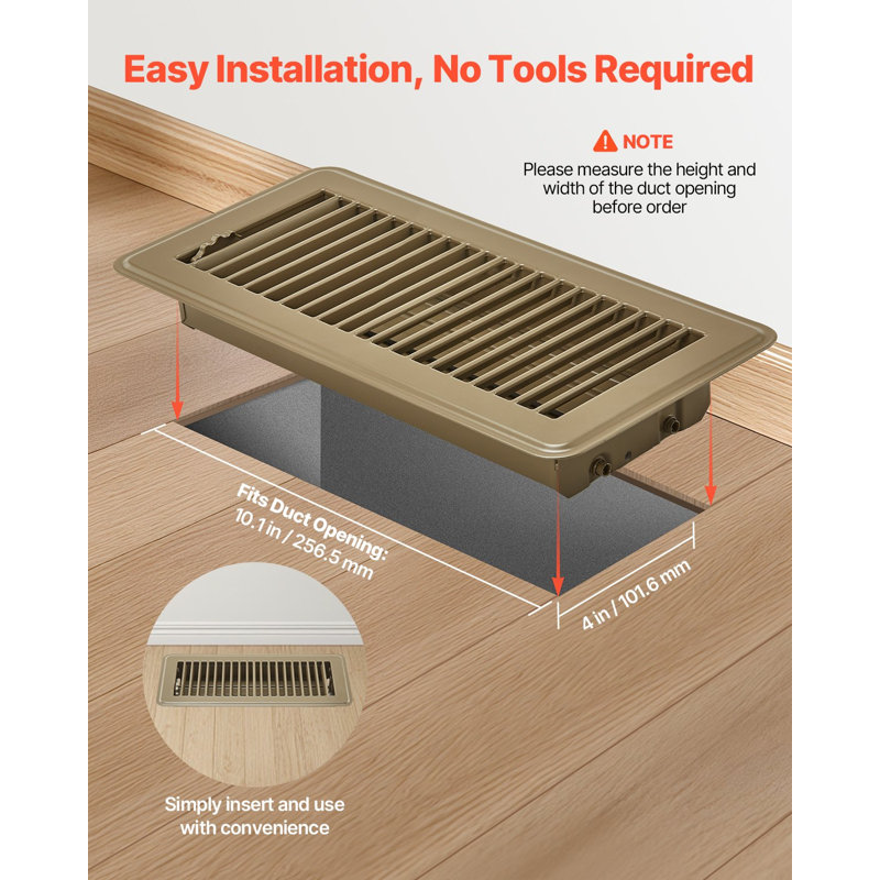 Registres de plancher 4 po x 10 po, grilles de ventilation en paquet de 6, évents de plancher en fer résistants au CVC, déflecteurs d'air antirouille facilement réglables avec amortisseur en métal, idéal pour la maison et le bureau, brun