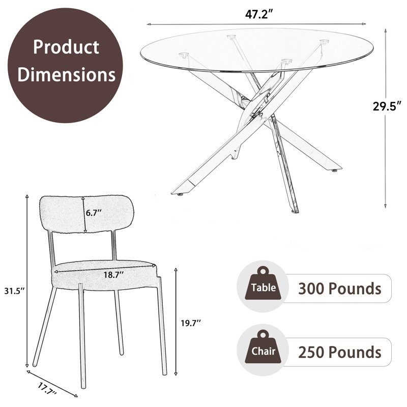 5-Piece Round Glass Dining Table Set, 29.5”H x 47.2”L x 47.2”W, White