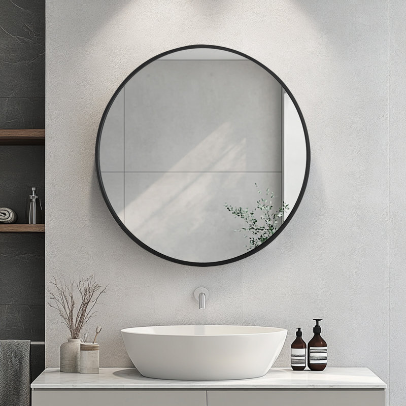 Garbers Round Metal Framed Wall Mounted Circle Mirror, Black, 24" x 24"
