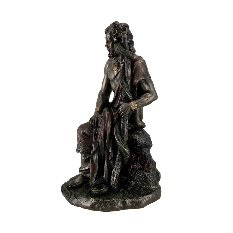 Statue d'Asclépios, dieu grec, en résine coulée, finition bronze et reflets rouges, 25 cm de haut.
