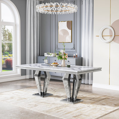 70.08" Faux Marble Dining Table With Diamond-Shaped Stainless Steel Base
