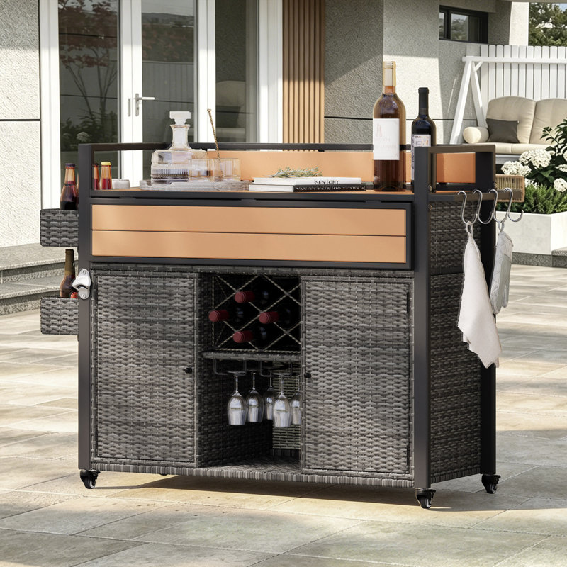52"W Wicker Outdoor Bar Cart On Wheelswith Extended Plastic Wood Top And Storage Cabinet, Gray