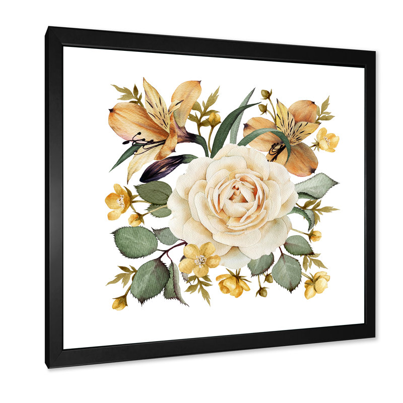 Rose blanche rétro - peinture sur toile, H 16 po x l 16 po x P 1 po, Cadre photo noir