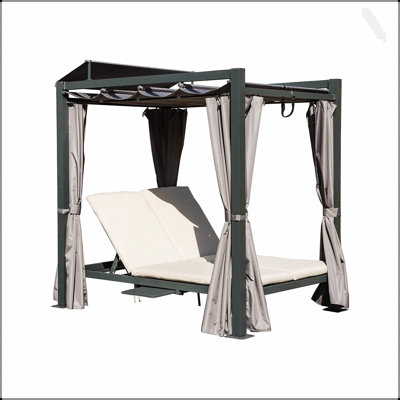Aluminum Outdoor Patio Daybed With Retractable Canopy, Double Chaise Lounge For Comfort And Privacy