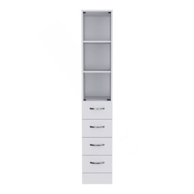Linen Cabinet 68" H, Three Shelves, Four Drawers And Metal Handles, White