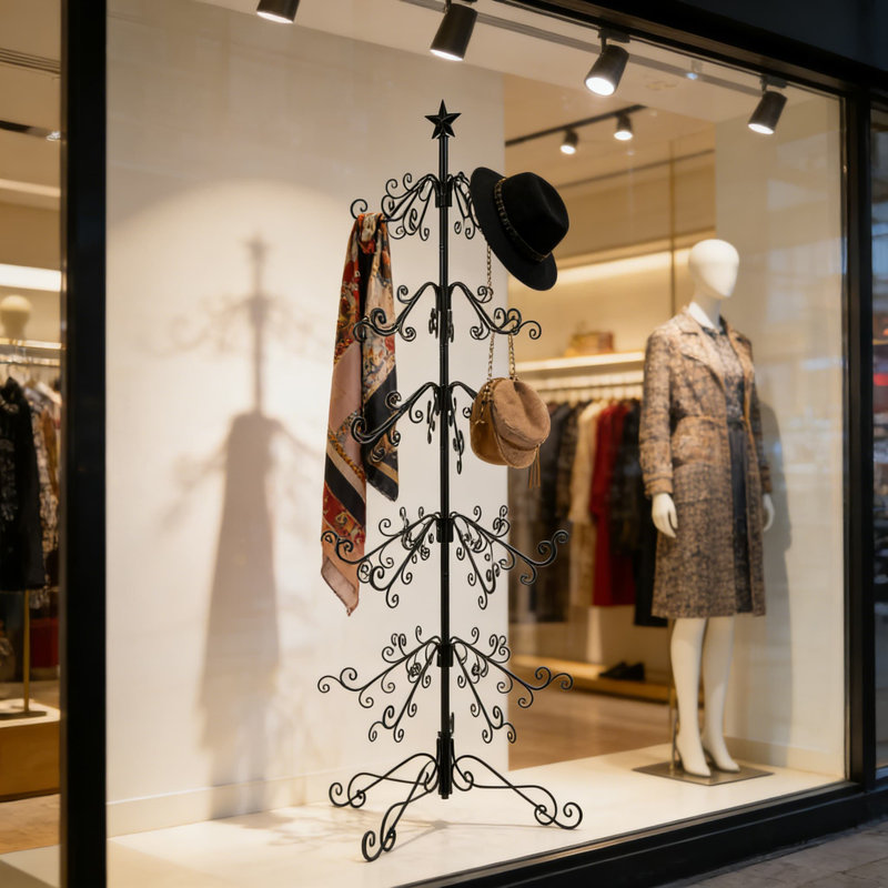 Arbre de présentation ornemental en métal à 6 niveaux avec 144 crochets, support en fer forgé pour décoration des Fêtes, vitrine de cadeaux et décorations toutes saisons