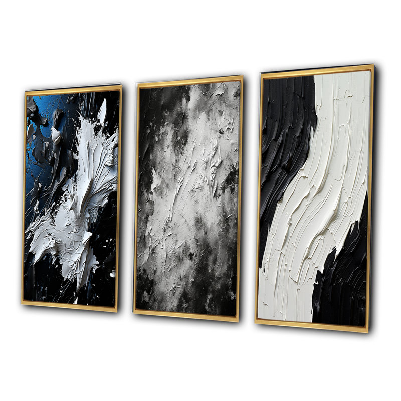 «Momentary Spirit» noir et blanc abstrait II - ensemble de 3 peintures abstraites, Cadre flottant doré, H 40 po x l 60 po