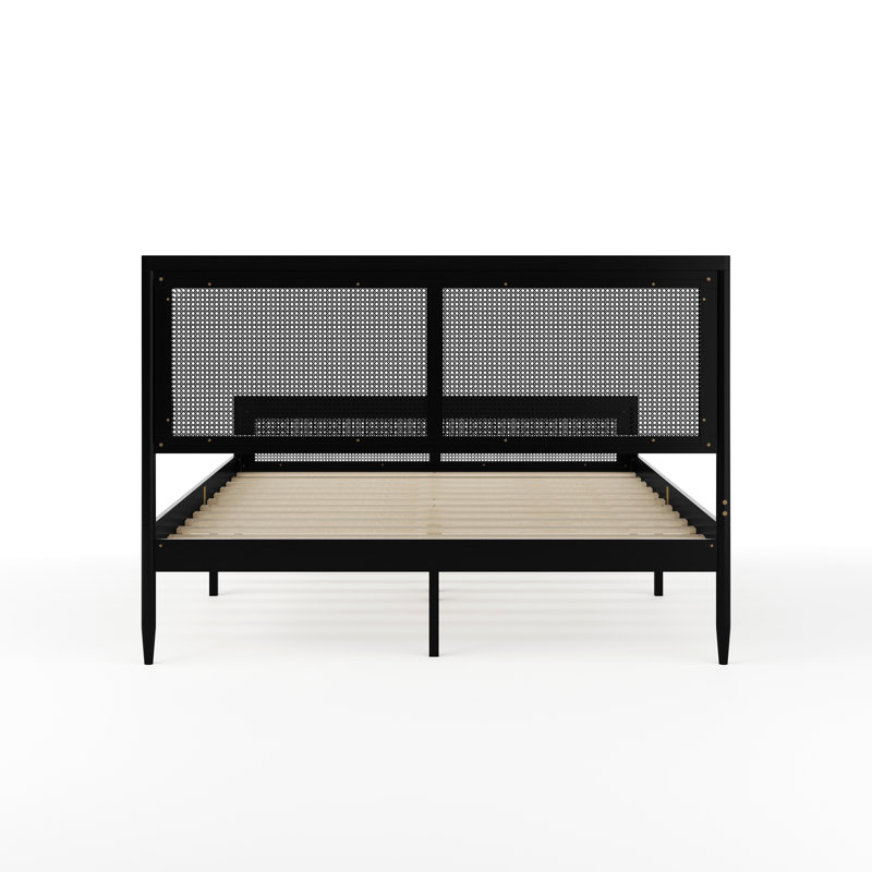 Black Queen Size Wood Platform Bed with Rattan Headboard and Footboard