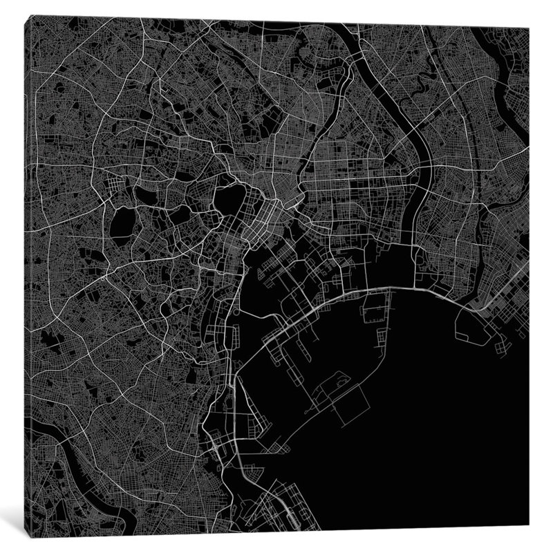 « tokyo routes », impression sur toile tendue grise, H 16 po x l 16 po x P 1 po, Papier d'art encadré noir, Blanc