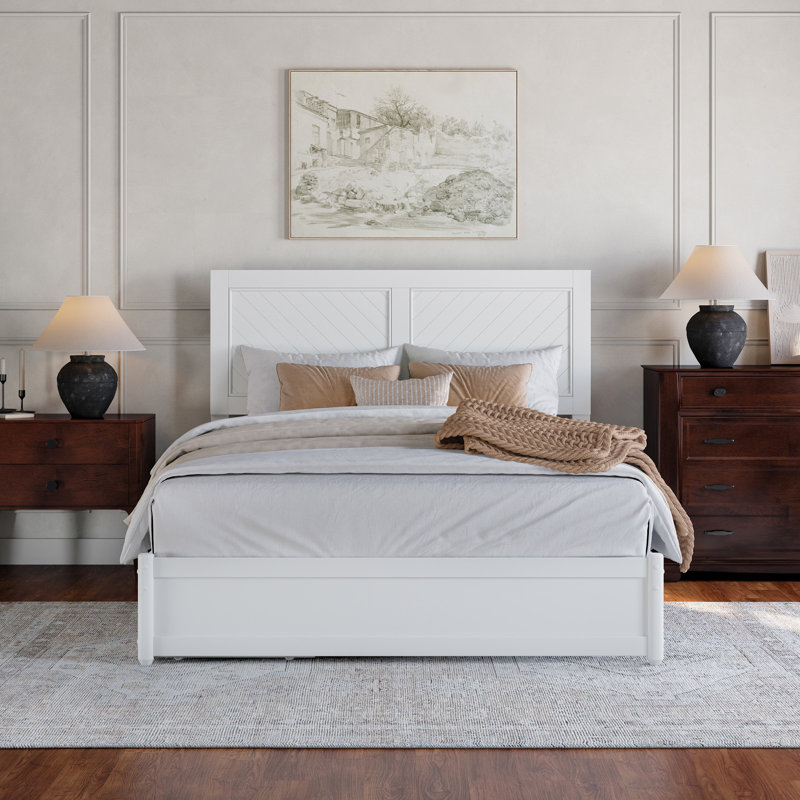 Lamarkus Solid Wood Storage Platform Bed with Footboard & Under Bed Drawers, Queen, White