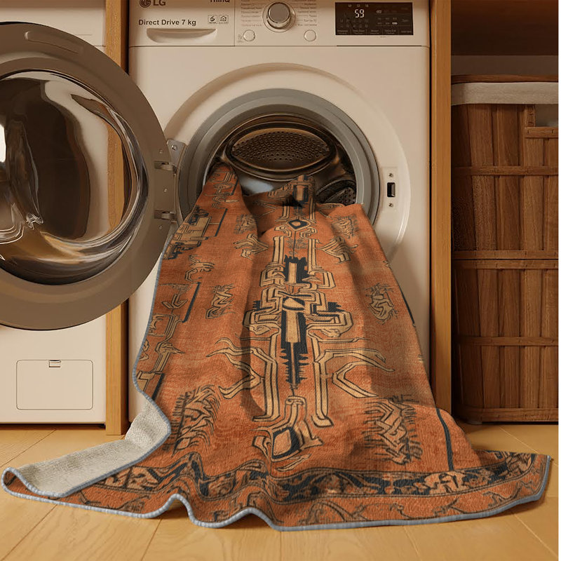 Machine Washable Art Deco Brown Area Rug, Round 7'