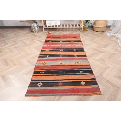 Charming Vintage Kilim Oushak Rug with Intricate Anatolian Patterns and Red Fringe Accent