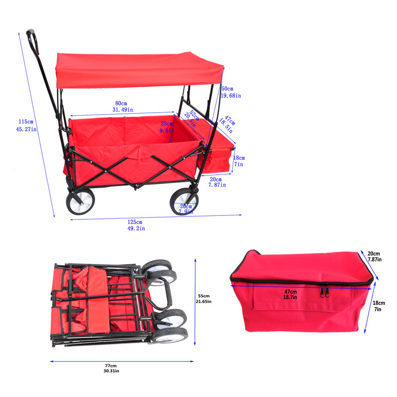 Heavy Duty Folding Portable Hand Cart with Removable Canopy, Red, 3.77' H x 4.1' W x 1.7' D