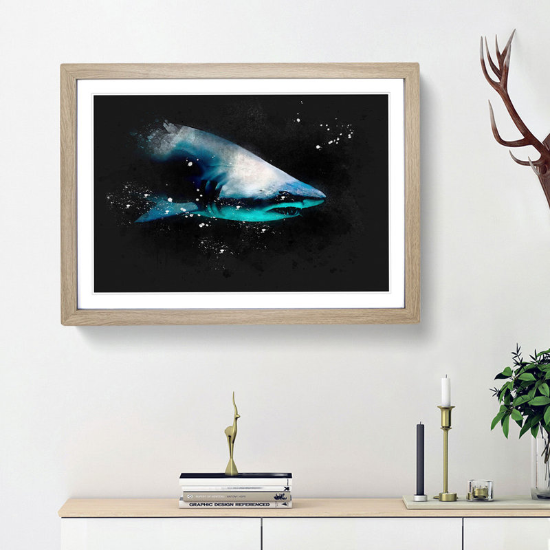 Shark In The Shadows - Picture Frame Graphic Art, Oak Framed, 45cm H x 63cm W x 2cm D