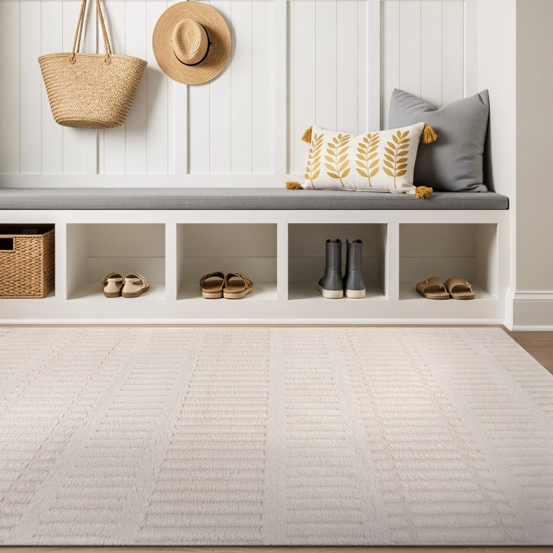 Tapis d'intérieur tissé à la main à tissage vertical perlé vertical, Blanc, 4 pi x 6 pi