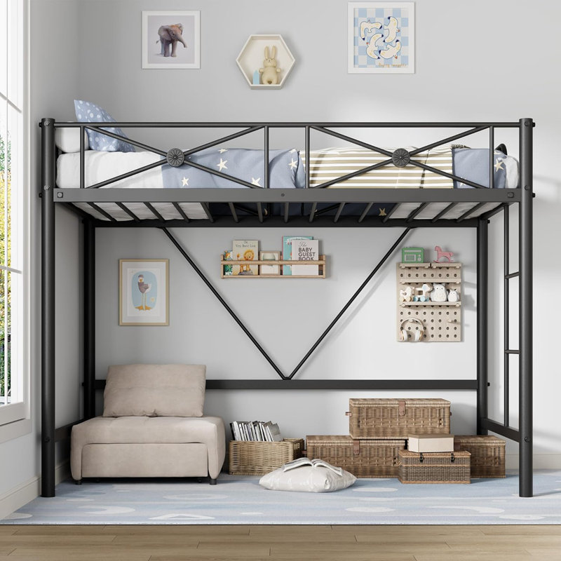 Twin Size Industrial Heavy Duty Metal Loft Bed With Safety Guard Rails Space Saving Steel Design For School And Bedroom