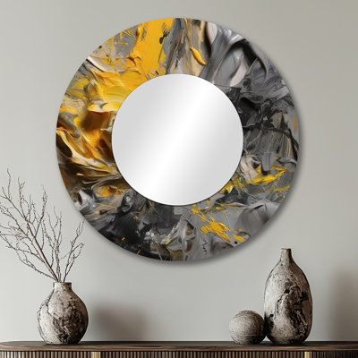 Mustard Yellow And Vivid Gray V - Abstract Decorative Mirror, Modern Round Wall Mirror, Printed Metal Art