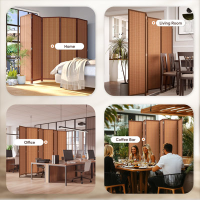  6-Panel Room Divider Folding Privacy Screen Room Divider Wall Divider for Room Separation with Natural Bamboo Red Brown