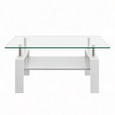 Rectangle Coffee Table, Tempered Glass Tabletop With MDF Layer, Modern Table For Living Room, Transparent Glass