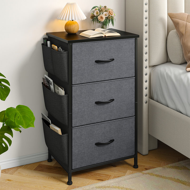 Night Stand With 3 Drawers For Bedroom, Bedside Table With Wooden Top, Sturdy Steel Frame End Table, Small Dresser For Bedroom, Living Room