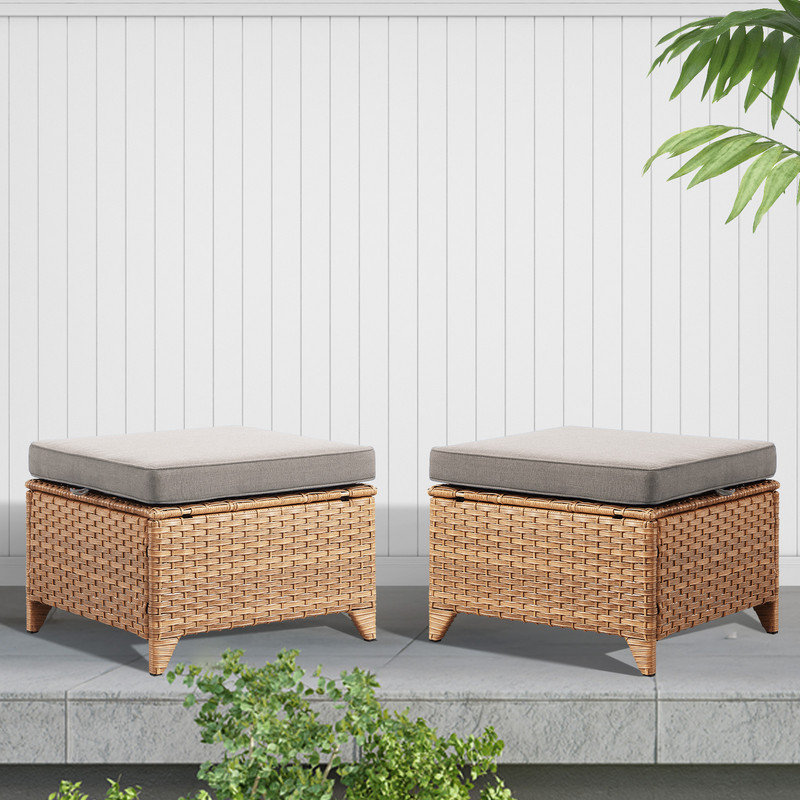 Ensemble de 2 repose-pieds en rotin avec coussins amovibles en osier pour patio, Beige, Jaune