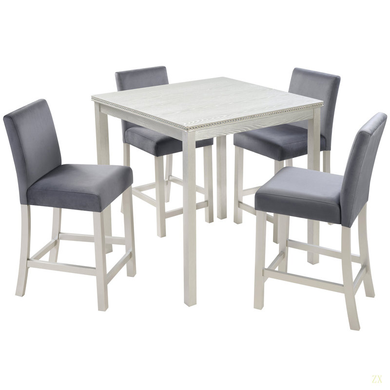 5 Piece Counter Height Table Set, Wooden Kitchen Table Set With Square Table And 4 Upholstechairs, Counter Height Dining Table With Crystal Decoration And Chair Set
