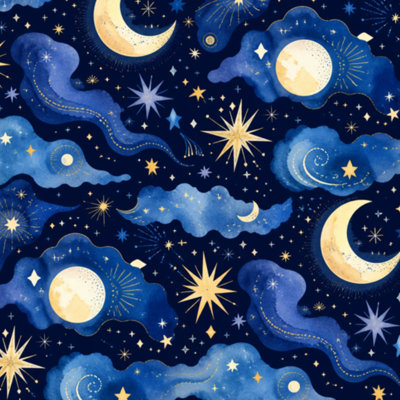 Papier peint adhésif bleu foncé sans raccord, motif ciel étoilé doré, aquarelle nocturne. Décoration murale amovible et autocollante pour chambre, cuisine et placards. 45 cm x 300 cm.