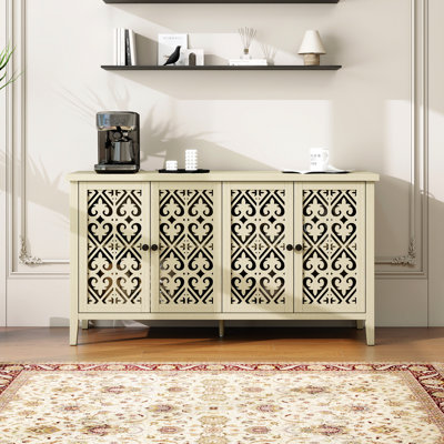 Chambre à coucher, salon ou bureau - Armoire évidée orientée à 4 portes avec des conceptions symétriques, des poignées rondes en métal doux au toucher, des pieds en bois massif à roulement solide, des pièces murales verrouillables pour la stabilité,