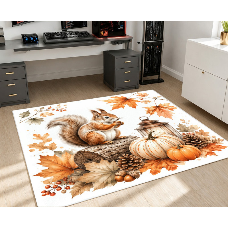 Tapis à motif de feuilles d'érable et de citrouille d'automne écureuil d'automne, détails de style aquarelle, surface en velours, tapis antidérapant, lavable à la machine, décoration intérieure pour le salon, la chambre à coucher, la cuisine, le balcon, appartement
