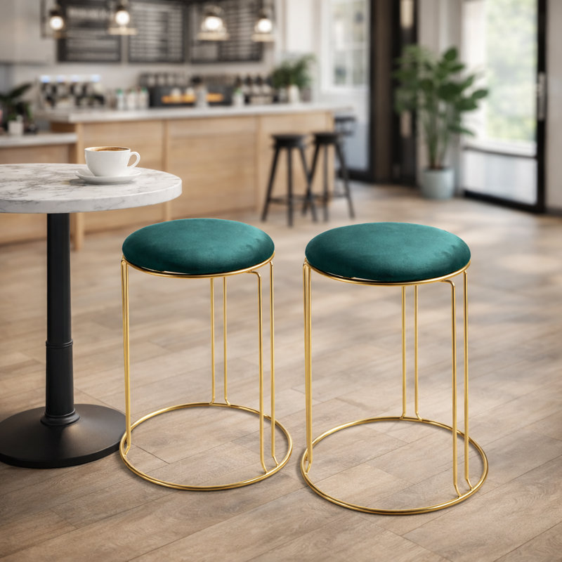 Petit tabouret vert léger avec cadre doré, ensemble de 2, siège en tissu compact, décoration de salon