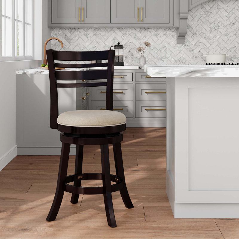 Tabouret pivotant à dossier à lattes de 24 po de hauteur comptoir, finition espresso, siège en tissu beige