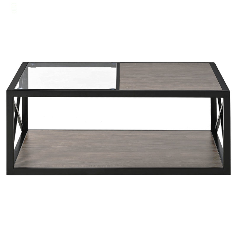 Table basse moderne pour chambre à coucher et salon, verre trempé et panneau de fibres à densité moyenne à grain de bois rustique, table basse de style industriel