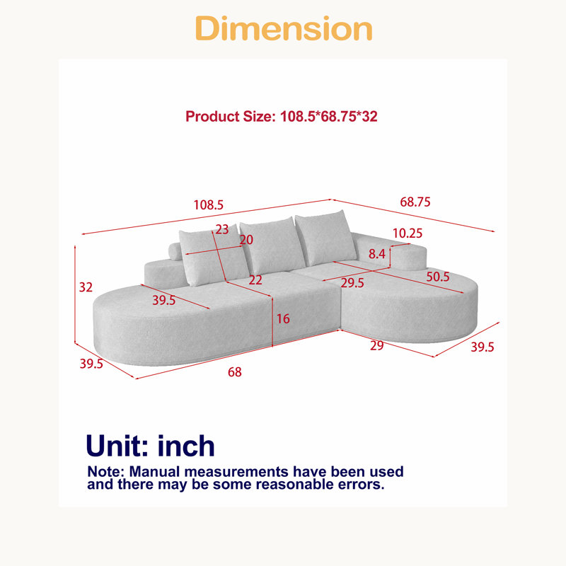 Canapé modulaire incurvé moderne, ensemble de canapé modulaire revêtu de chenille, canapé modulaire en L 108,5 po avec 3 coussins